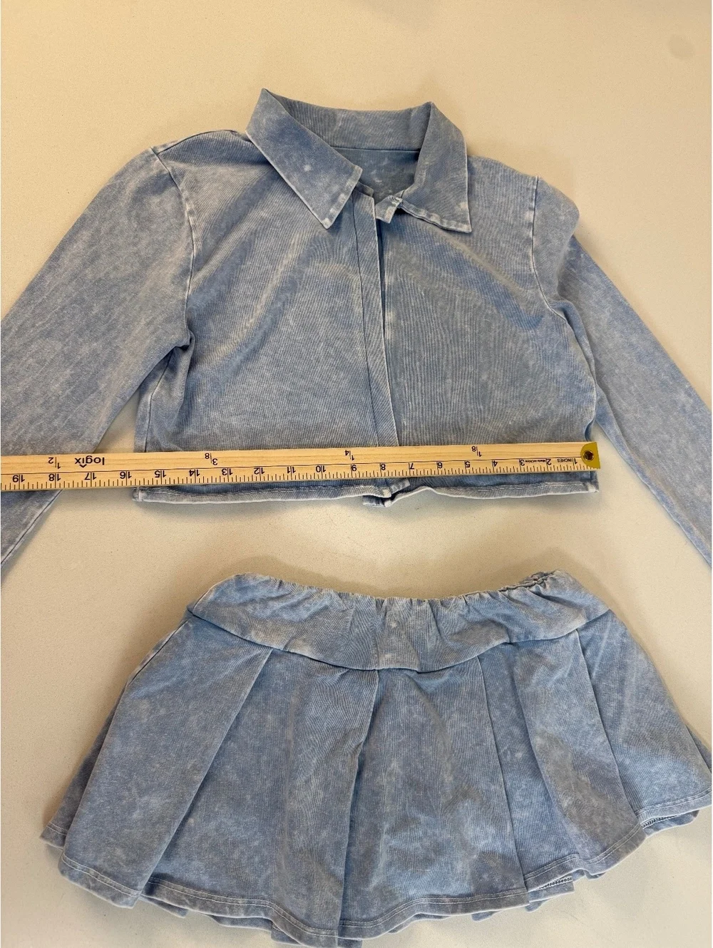 Light Blue Two-Piece Corduroy Crop Jacket and Pleated Skirt Set S/M